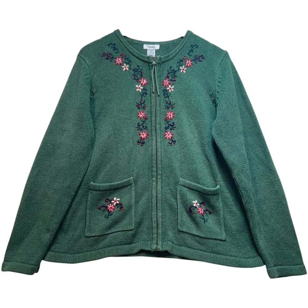 Northern Reflections Womens Zip Up Cardigan Sweater Sz L Green Embroidery Floral